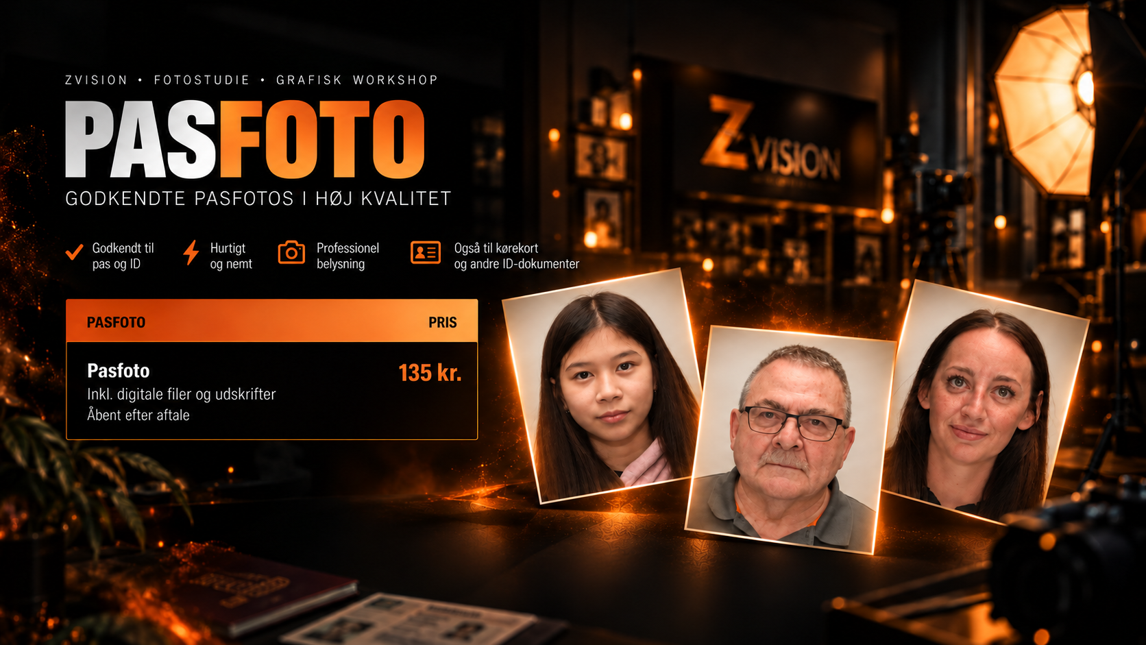 Tre pasfotoeksempler i Zvisions studie med varmt orange lys